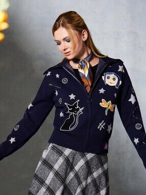 Boxlunch Coraline Icons Women's Zippered Sweater navy blue embroidered large